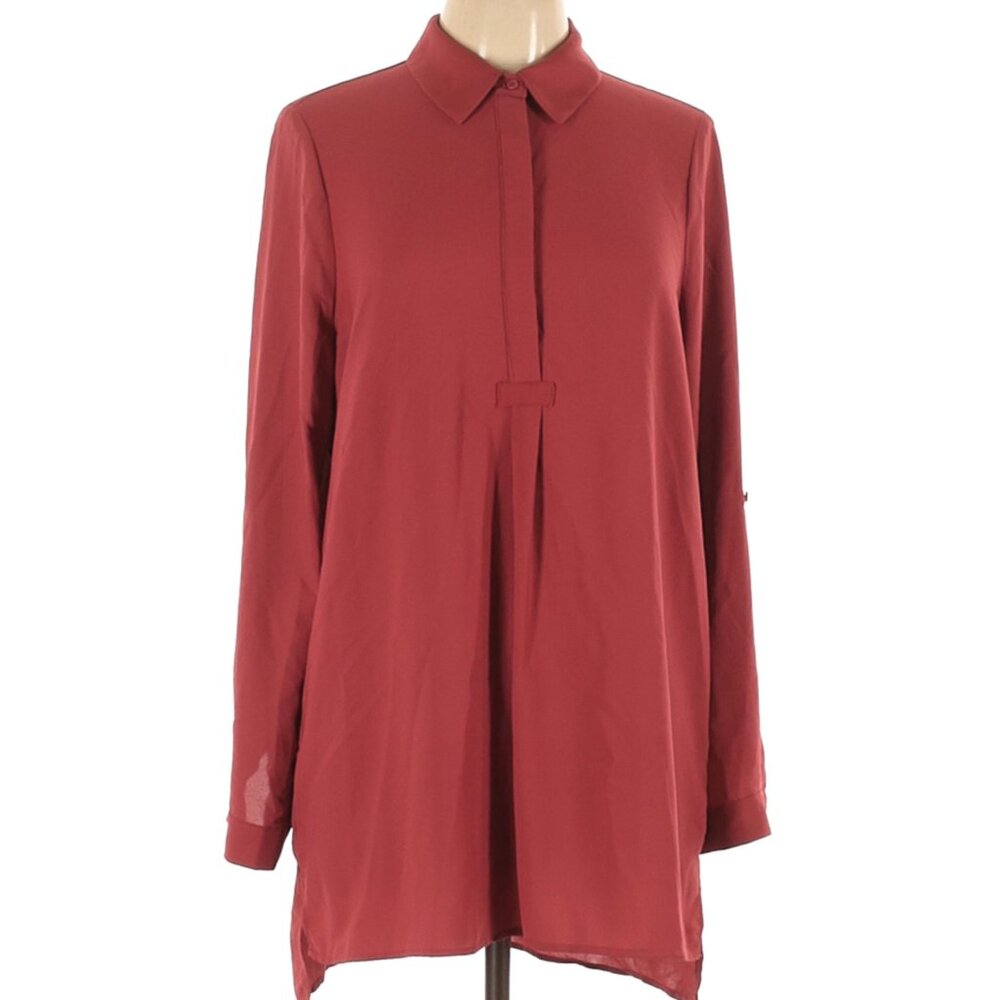EUC Pleione Size Large Long Sleeve Blouse Brick Red Sheer Collared Button Front